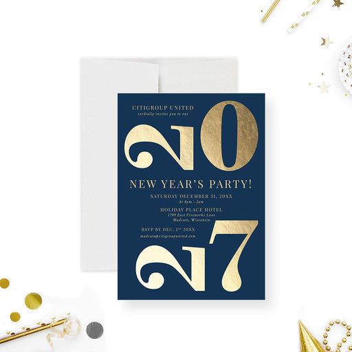 New Year's Party invitation card with gold text on a blue background, surrounded by confetti and decorative items.