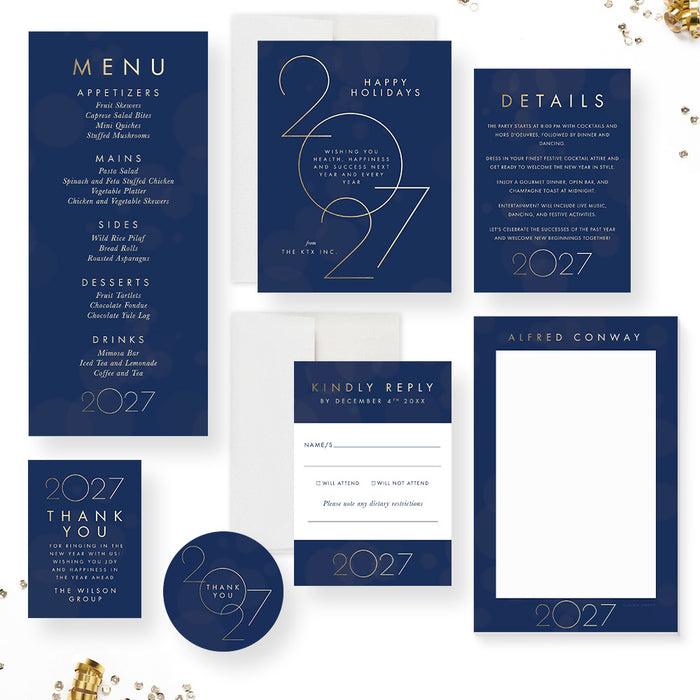 Collection of holiday party invitations with '2027' theme on a white background.