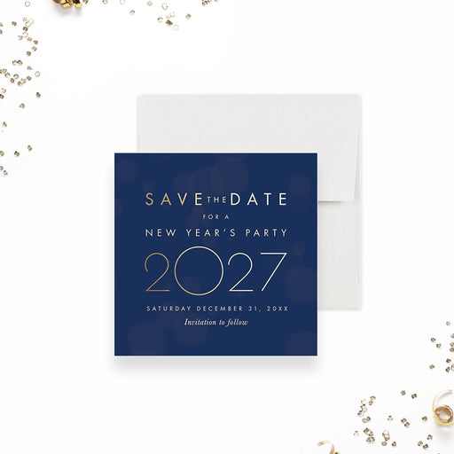 Save the Date card for a New Year's Party 2027 with a blue background and gold text.