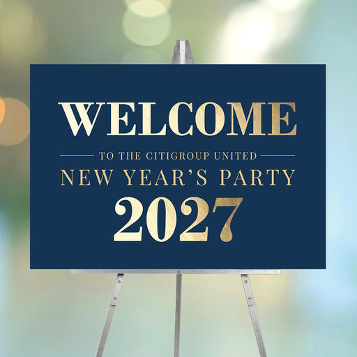 Navy blue sign with gold text for New Year's Party 2027