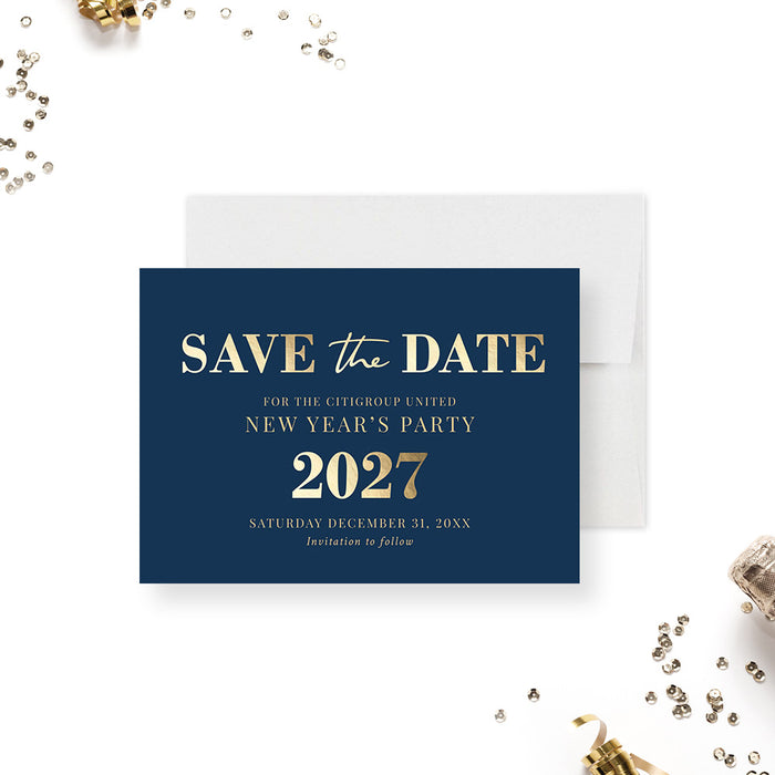 Save the Date card for New Year's Party 2027 with gold text on a blue background.