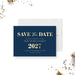 Save the Date card for New Year's Party 2027 with gold text on a blue background.