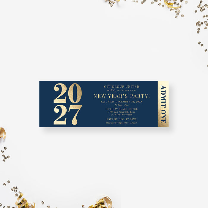 New Year's Party invitation ticket design with '2027' on a blue background