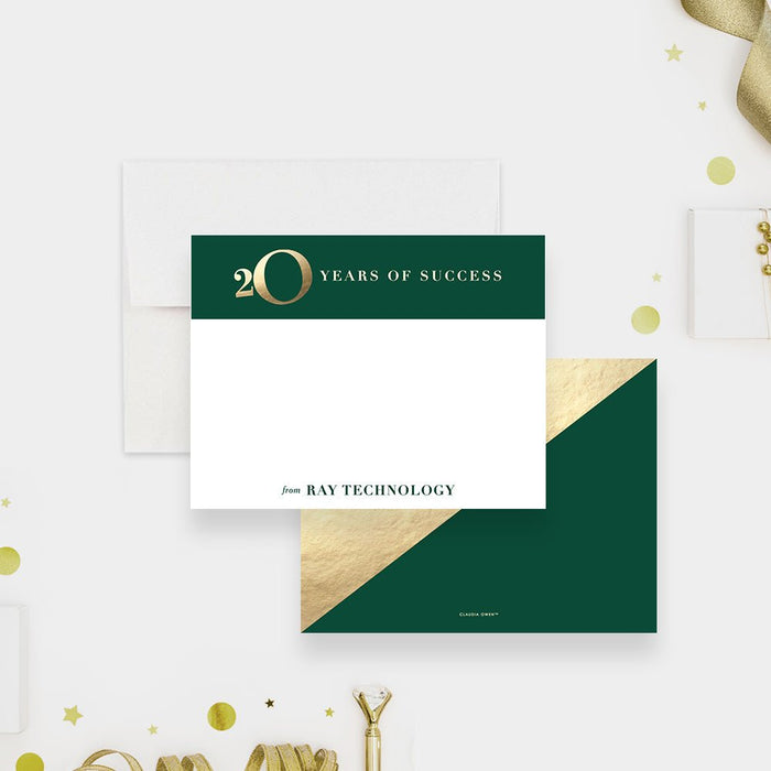 20th Business Anniversary Thank You Card Green and Gold. Front and dark green back with a diagonal printed gold section shown with a white envelope.