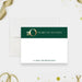 Personalized note card with a white front with a dark green header, printed gold 20 years of success lettering, and company wording. Shown with a white envelope.