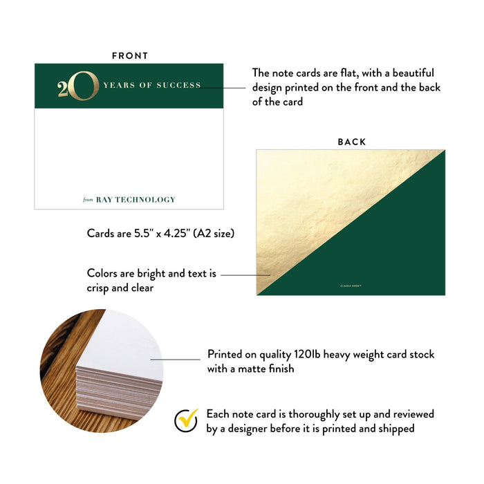 Product details graphic for 20th business anniversary thank you card green and gold, showing front and back designs, A2 size, and matte cardstock.