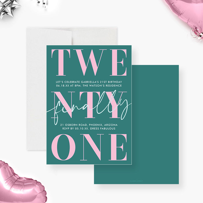 Modern 21st birthday invitation with pink and teal design and bold typography for an adult party-front-back