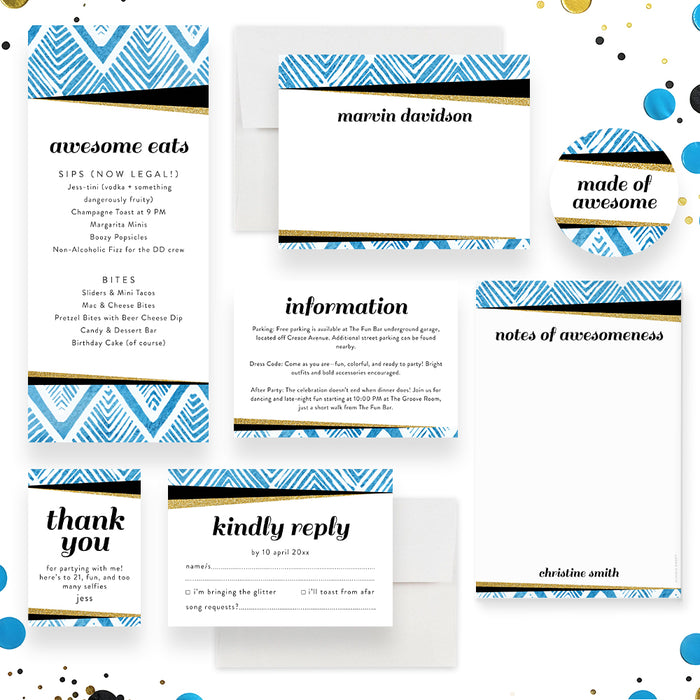 21st Birthday Invitation Modern Blue Geometric Birthday Party Invite