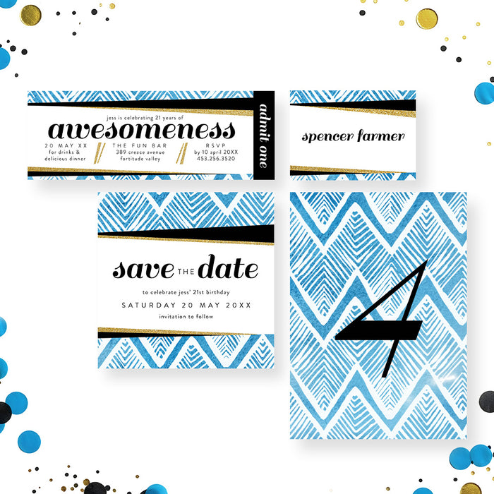 21st Birthday Invitation Modern Blue Geometric Birthday Party Invite