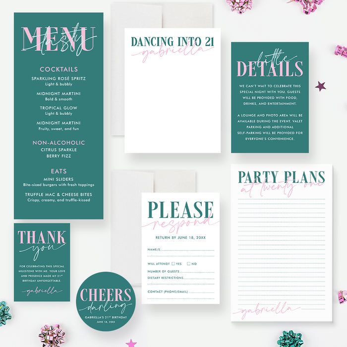 21st Birthday Invitation Modern Pink Teal Adult Party Invite