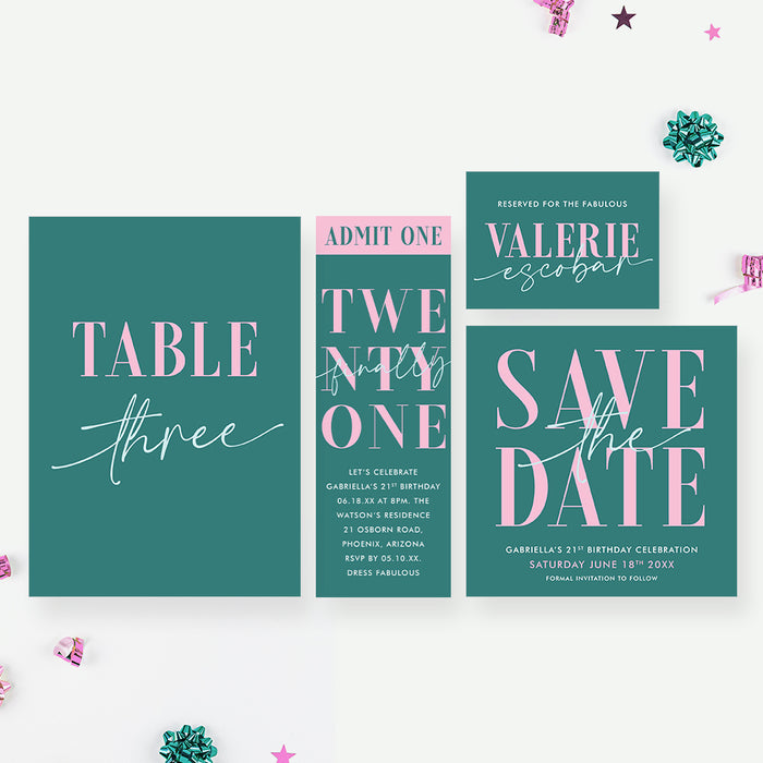 21st Birthday Invitation Modern Pink Teal Adult Party Invite