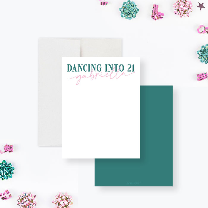 21st birthday thank you card pink and teal dancing into 21 design for party celebration-front-back