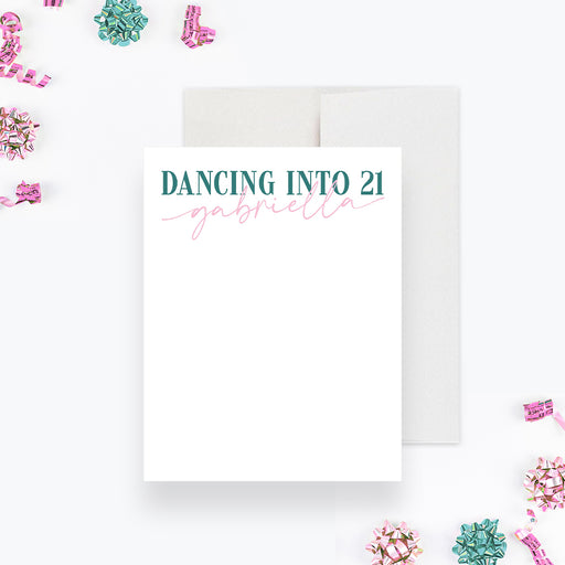 21st birthday thank you card pink and teal dancing into 21 design for party celebration-front