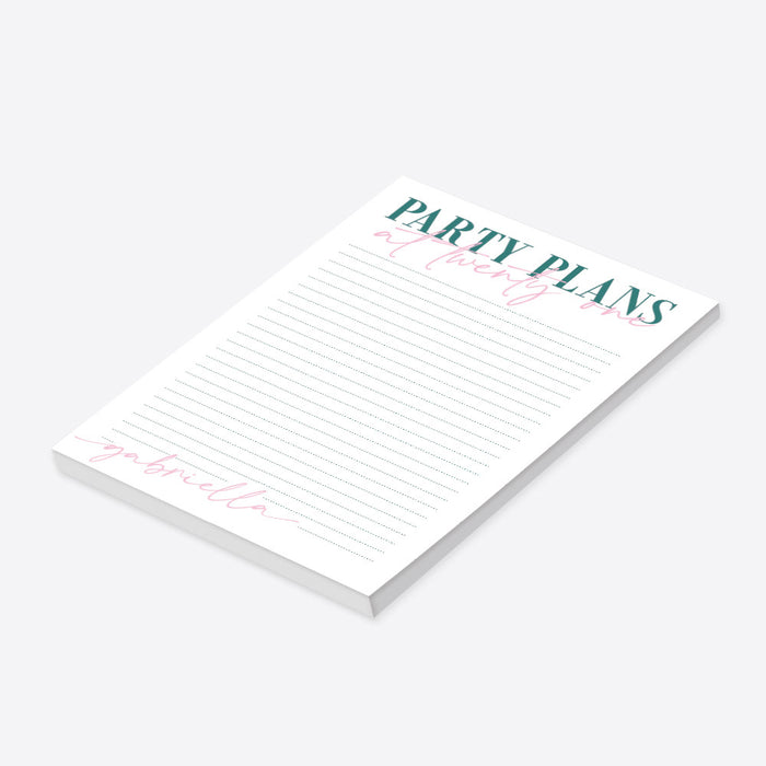 Personalized 21st birthday notepad party planner with pink and teal design for organizing celebration details-side