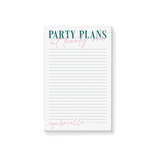 Personalized 21st birthday notepad party planner with pink and teal design for organizing celebration details