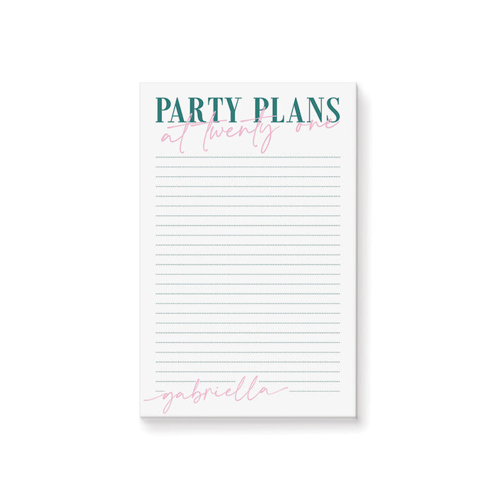 Personalized 21st birthday notepad party planner with pink and teal design for organizing celebration details