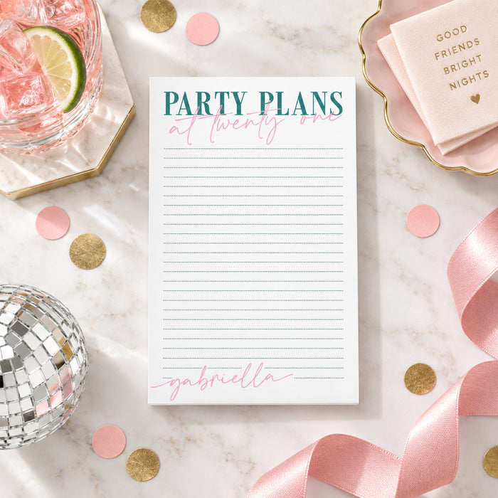 Personalized 21st birthday notepad party planner with pink and teal design for organizing celebration details