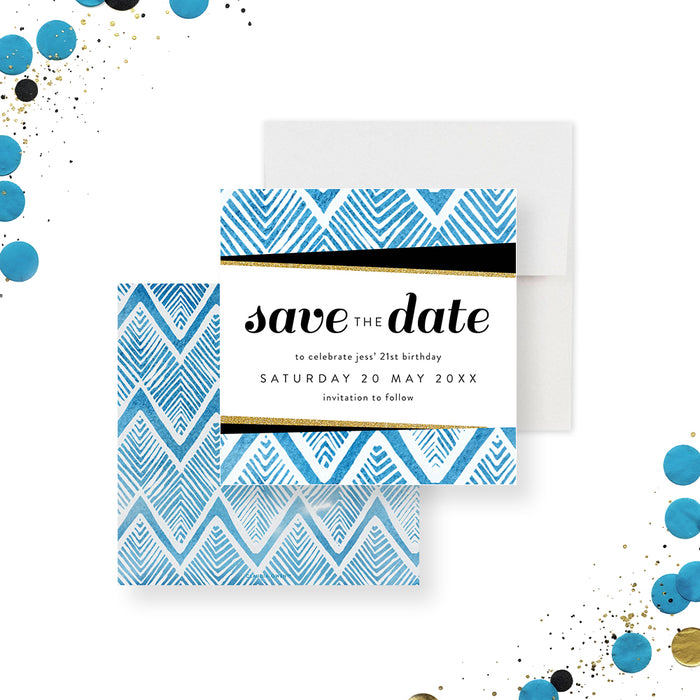 Modern blue geometric 21st birthday save the date card for a milestone birthday celebration.-front-back