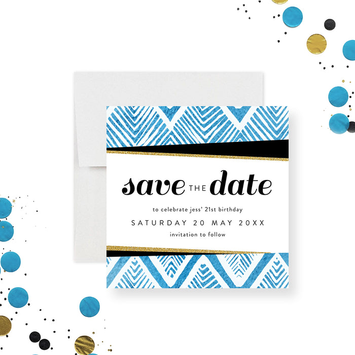 Modern blue geometric 21st birthday save the date card for a milestone birthday celebration.-front