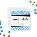 Modern blue geometric 21st birthday save the date card for a milestone birthday celebration.-front