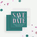 Modern 21st birthday save the date card with pink and teal design and bold typography-front-back