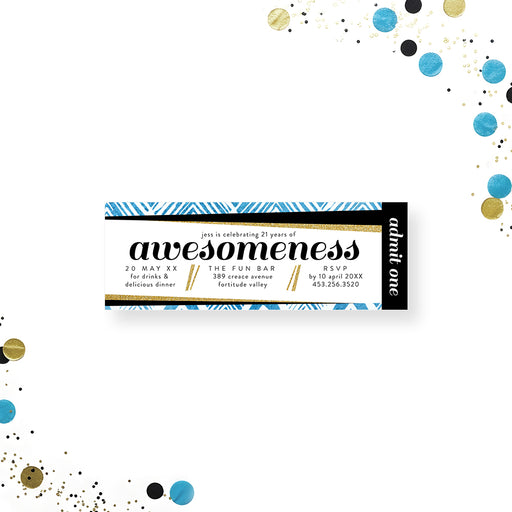 Blue geometric 21st birthday ticket invitation designed for a milestone birthday party celebration.