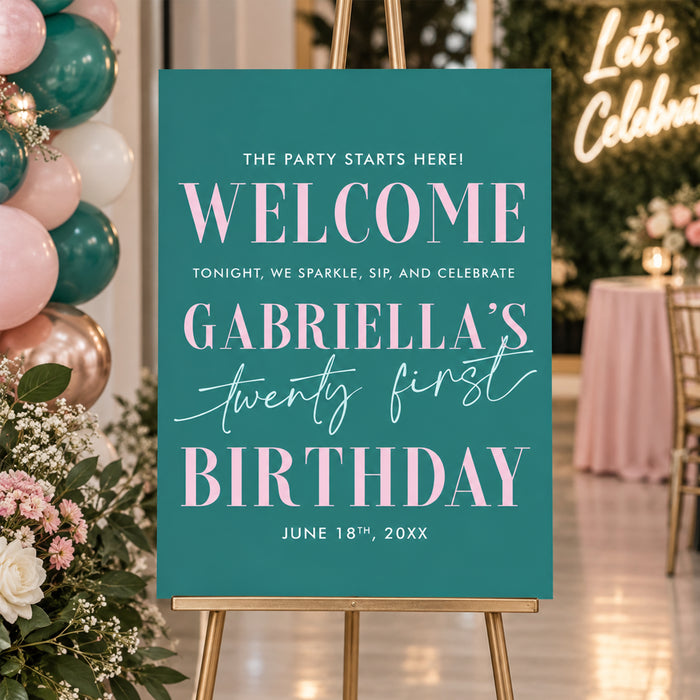 21st birthday welcome sign pink and teal party decoration sign for milestone celebration
