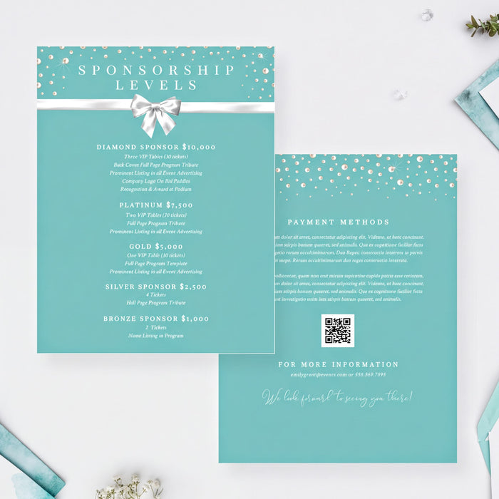 two brochures for sponsorship levels, with a teal background and white text. The brochures provide information about different sponsorship tiers and payment methods.