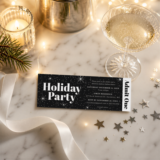 a black and white holiday party invitation card with a festive design, placed on a marble surface alongside a glass of champagne, a candle, and some star-shaped decorations.