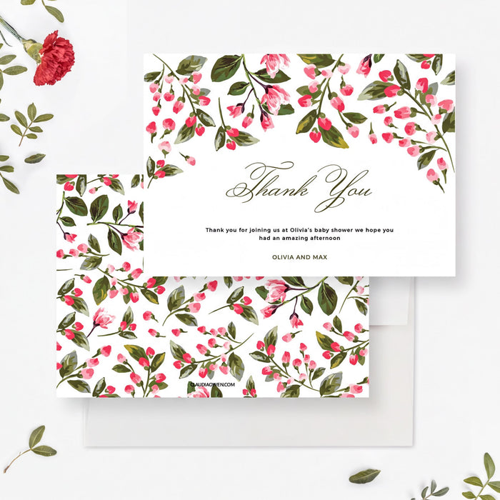 Floral diy Thank You Card Edit Yourself Template, Pink Flowers Thanks Digital Download, Personalized Thank You Printable Card