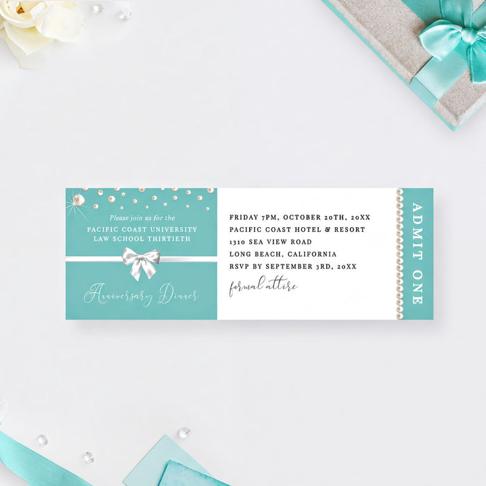 The image is a ticket or invitation for an event, likely a wedding or anniversary dinner, with a teal and white color scheme.