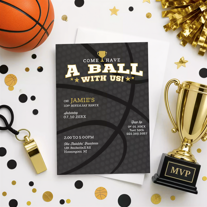 a basketball-themed party invitation with a basketball, trophy, and confetti surrounding it.
