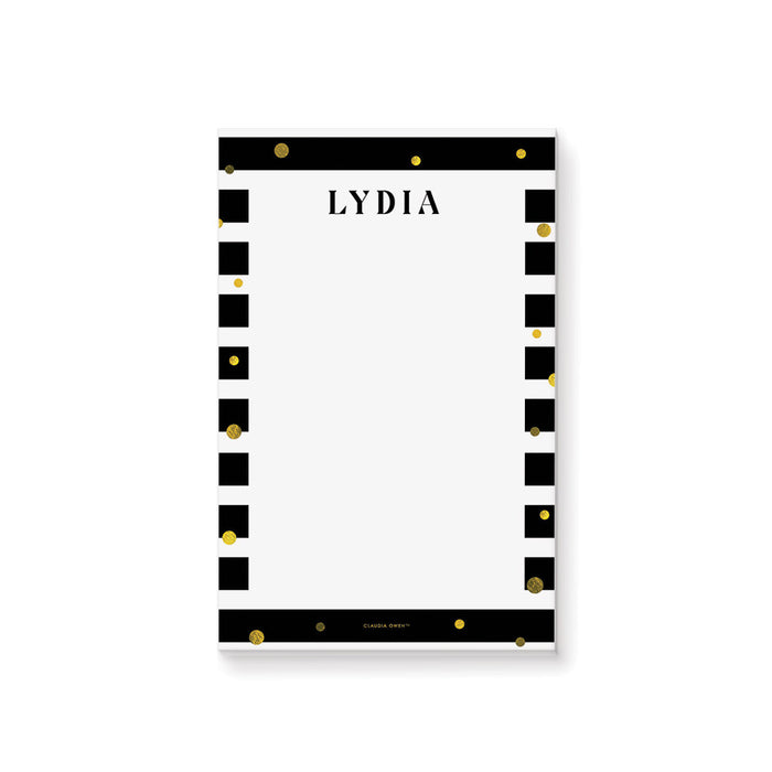 Personalized Black and White Notepad, Birthday Party Favor with Golden Confetti and Stripes, Elegant Stationery Writing Paper Pad