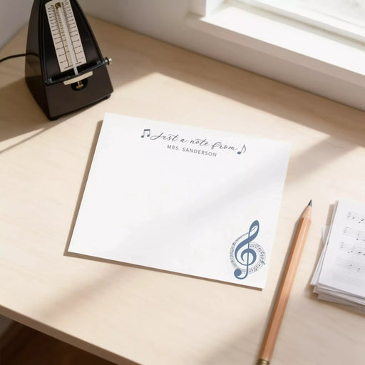 a desk with a blank white note card, a pencil, and a metronome.