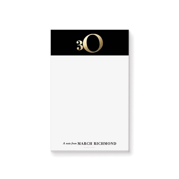Black and Gold 30th Birthday Notepad, Elegant 30th Business Anniversary Party Favor Notepad, 30 Years in Business Stationery Writing Paper Pad