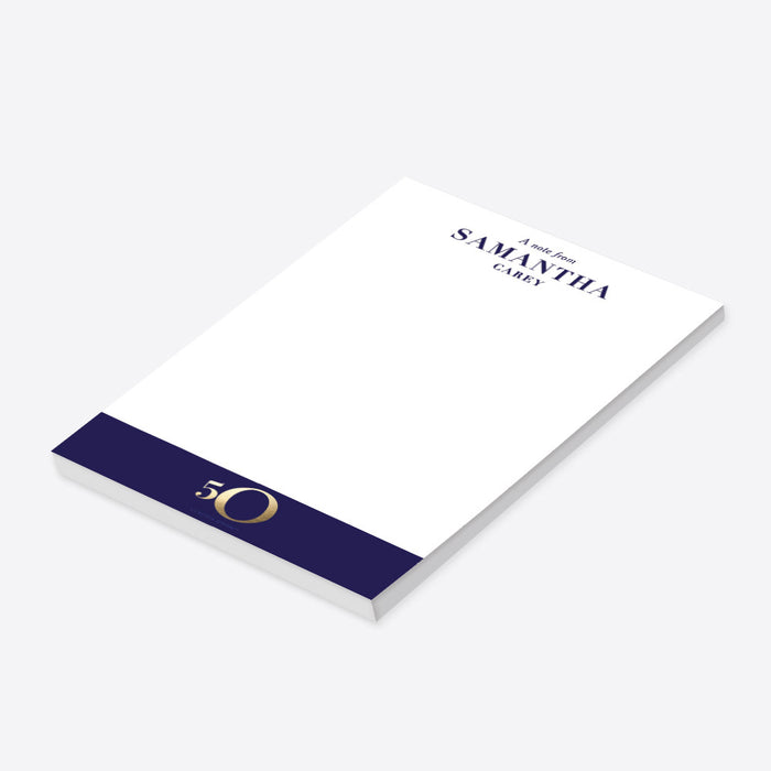 Royal Blue and Gold 50th Birthday Notepad, Elegant Stationery Party Favor for 50th Business Anniversary Celebration, Professional Writing Office Pad