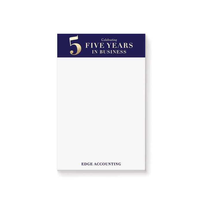 5 Years in Business Notepad, Blue and Gold Business Writing Paper Pad, 5th Company Anniversary Stationery Party Favor