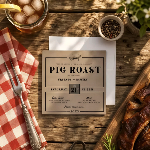 a table with various items, including a paper invitation for a pig roast event, a glass of lemonade, a fork, a wooden cutting board with meat, and a small bowl of spices.