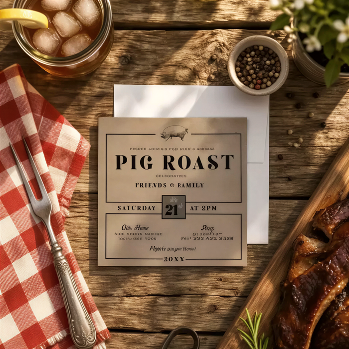 a table with various items, including a paper invitation for a pig roast event, a glass of lemonade, a fork, a wooden cutting board with meat, and a small bowl of spices.