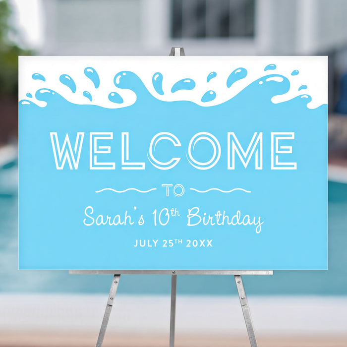 a sign with the text "Welcome to Sarah's 10th Birthday" and "July 25th 20XX" on it, placed near a pool.
