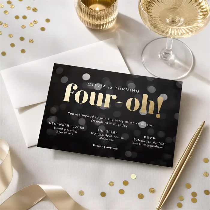 a birthday party invitation card with a black background and gold text, placed on a table with a wine glass, gold confetti, and a pen.
