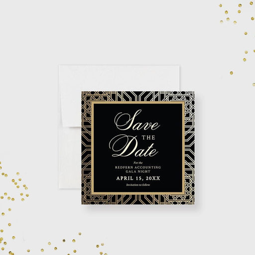 a black and gold save the date card