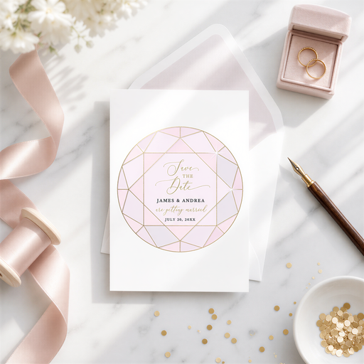 a wedding invitation card with a pink and gold geometric design, surrounded by wedding-related items such as a ring box, a pen, and some gold confetti.