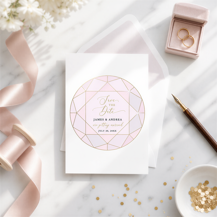 a wedding invitation card with a pink and gold geometric design, surrounded by wedding-related items such as a ring box, a pen, and some gold confetti.