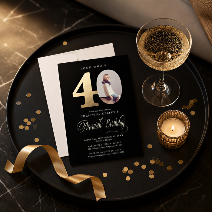 A black tray with a white card featuring a photo of a woman and the number 40, along with a candle and gold confetti.