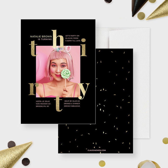 Modern photo invitation for a 30th birthday party, featuring a sleek "Thirty" design-front-back