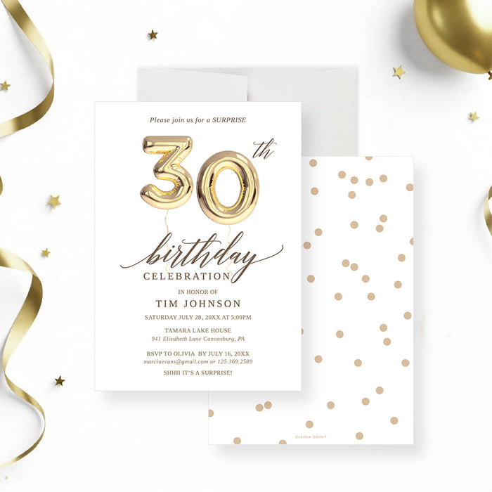 Birthday invitation featuring a golden balloon design for surprise 30th, 40th, 50th, or 60th birthday celebrations.-front-back