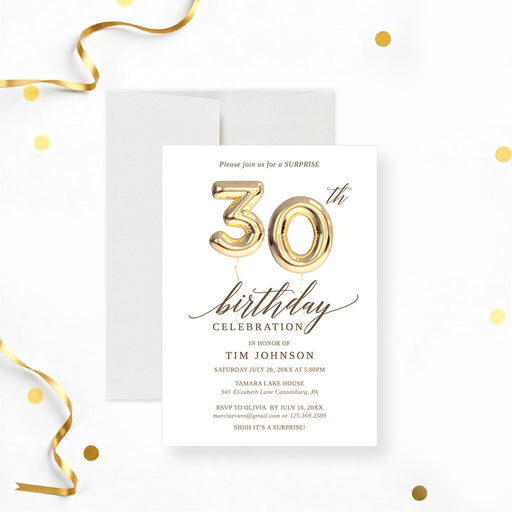 Birthday invitation featuring a golden balloon design for surprise 30th, 40th, 50th, or 60th birthday celebrations.-front