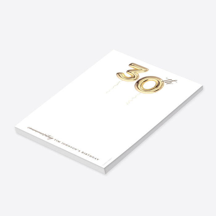 Personalized notepad with a golden balloon for 30th, 40th, 50th, or 60th birthday stationery-side