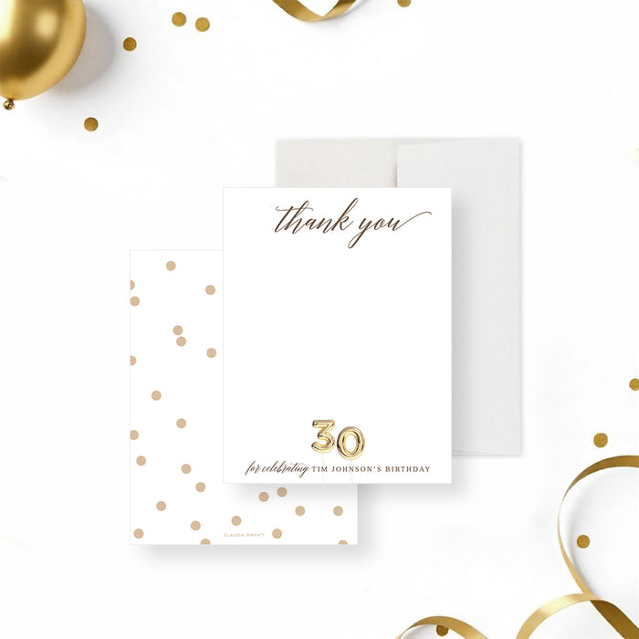 Personalized thank you card with golden balloon “30” design, an elegant stationery or keepsake gift for milestone celebrations.-front-back